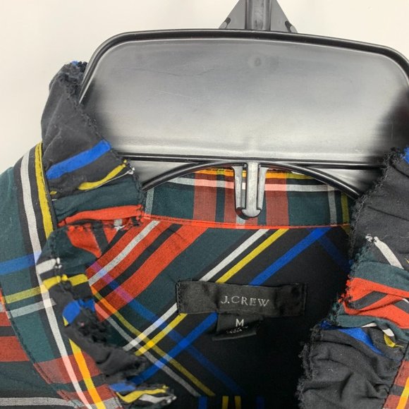 J.Crew Top Black Red Plaid Button Popover Ruffle Long Sleeve - Picture 6 of 13